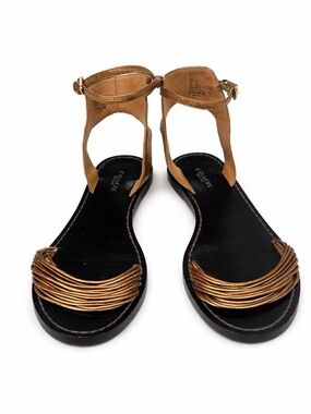 COACH Bronze Metallic T-Strap Flat Sandals with Black Footbed